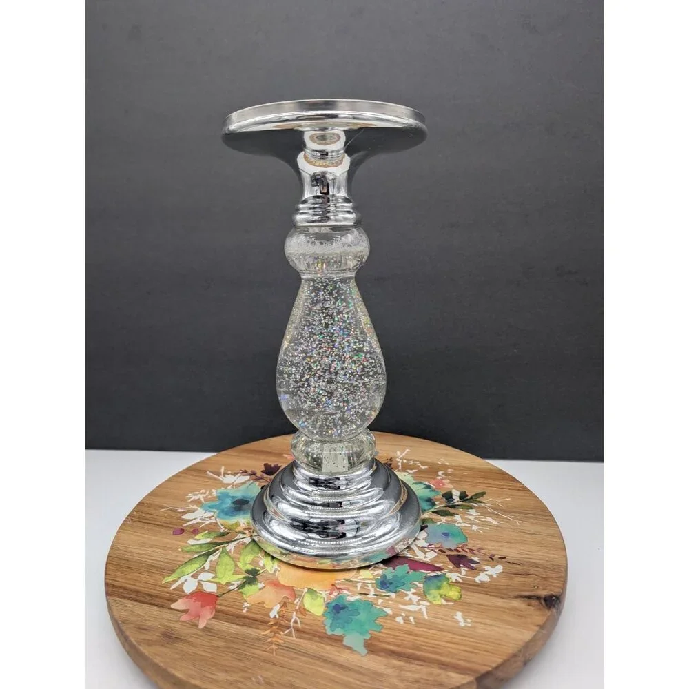 Bath & Body Works Silver Swirling Glitter LightUp Pedestal 3 Wick Candle Holder - Picture 2 of 7